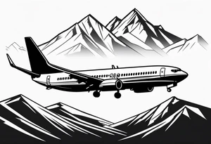 boeing 737 silhouette viewed from infront of the plane, and the silhouette is filled in with mountain scenery, and has a thin black lined border in an oblong diamond shape tattoo idea