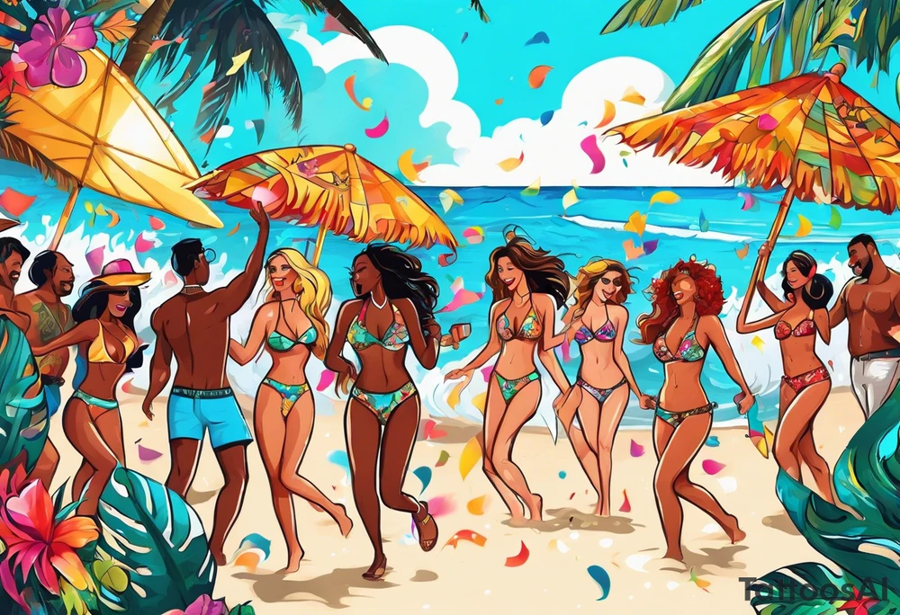 SURFING SAFARI BEACH DANCE 
PARTY WITH CONFETTI AND MUSIC NOTES, TROPICAL DRINKS, SEXY BIKINIS tattoo idea