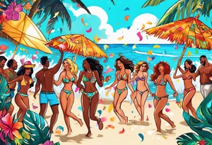SURFING SAFARI BEACH DANCE 
PARTY WITH CONFETTI AND MUSIC NOTES, TROPICAL DRINKS, SEXY BIKINIS tattoo idea