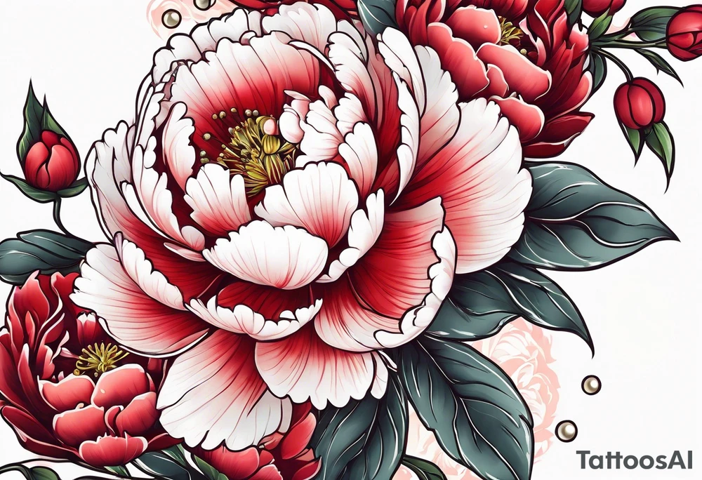 Red peony with pearls dangling and bunny tattoo idea