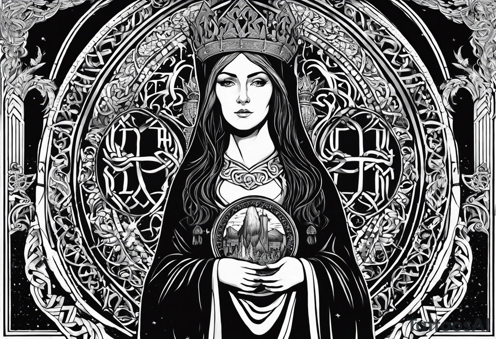 A full back piece themed on the surname mcbride and the irish saint brigid. It should take inspiration from artwork of saint brigid holding fire in her hands. It should have the text Vincit Pericula Virtus on it tattoo idea