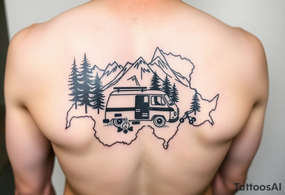 Simplistic, black and white tattoo, the whole tattoo must be inside the contour of the Switzerland map. A little camping tent, a VW Caddy on the side, a little fire, in the woods, surrounded by alps and a couple pine trees. tattoo idea