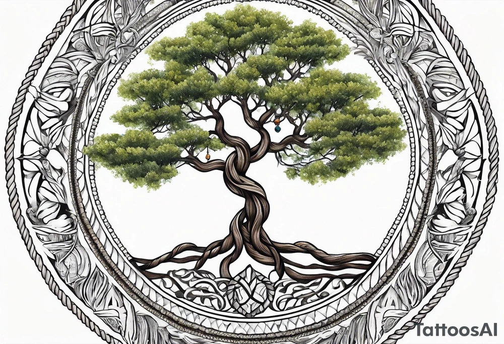 Braided rope wrist tattoo with tree of life in the center with bead work dangling on the hand tattoo idea