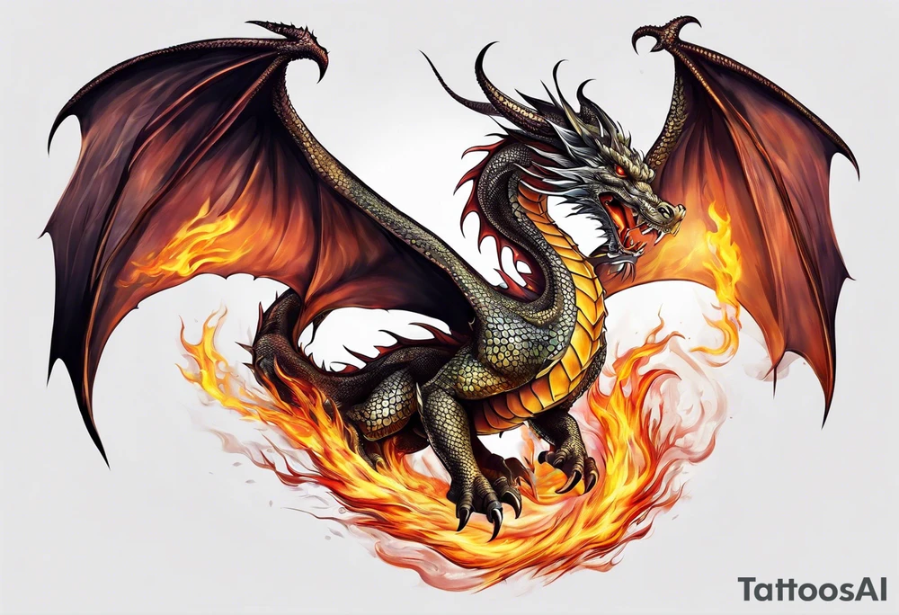 Flying dragon, fire around tattoo idea