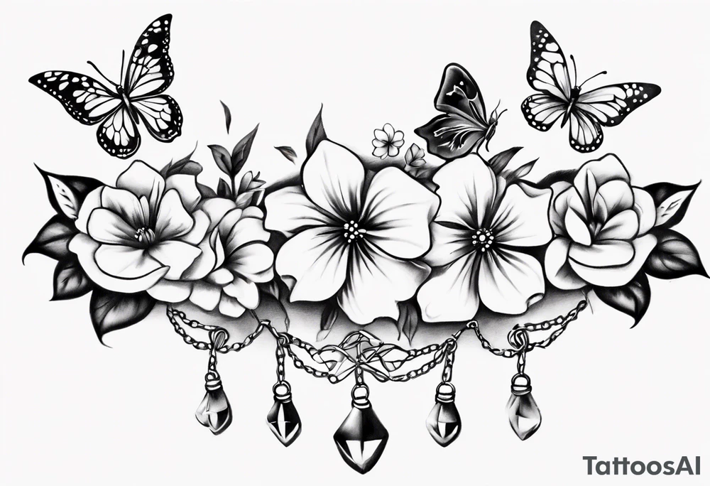 Ankle bracelet tattoo with flowers and butterflies tattoo idea