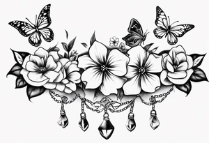 Ankle bracelet tattoo with flowers and butterflies tattoo idea