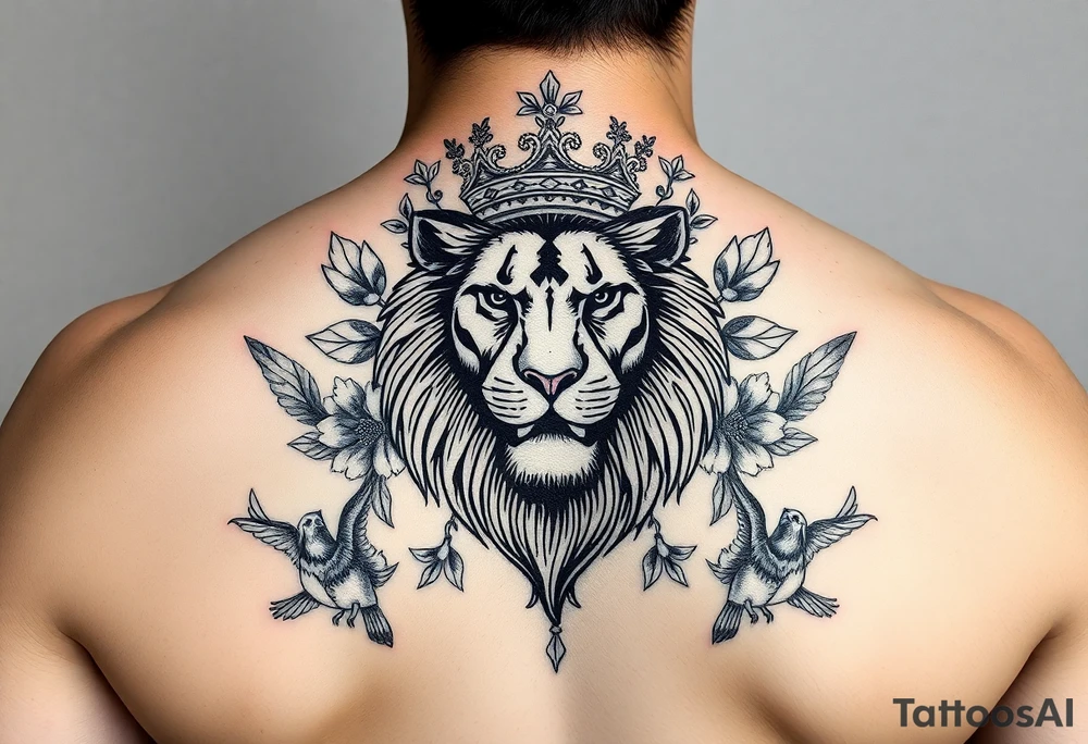 powerful majestic lion with a crown, surrounded by floral ornaments and birds tattoo idea