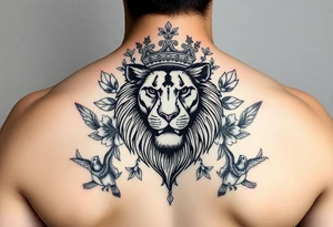 powerful majestic lion with a crown, surrounded by floral ornaments and birds tattoo idea