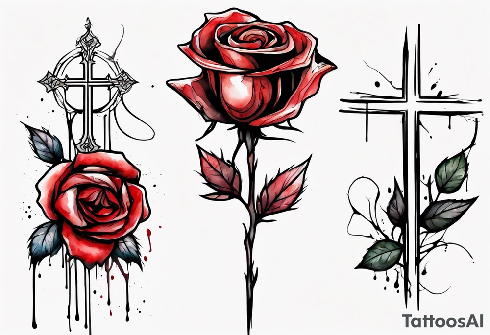 rose flower, one line, red blood dripping from the flower, tall, watercolor, with a Christian cross entangled by the stem tattoo idea