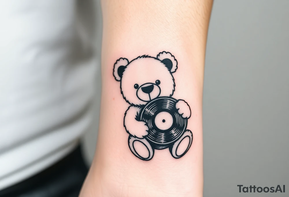 minimalist teddy bear smiling and holding a vinyl record tattoo idea