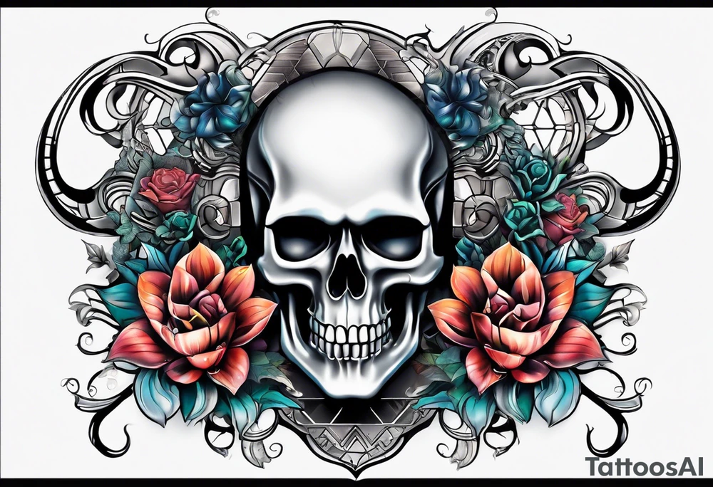 H.R. Giger tattoo with realistic evil skull, various flowers, geometric shapes, water and fall colors tattoo idea