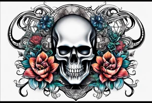 H.R. Giger tattoo with realistic evil skull, various flowers, geometric shapes, water and fall colors tattoo idea