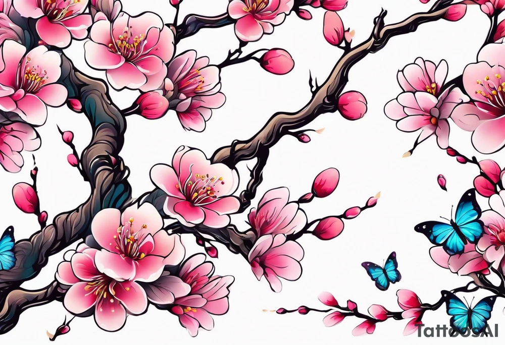 Vibrant, pink plum blossom branches with colorful butterflies tattoo idea