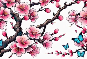 Vibrant, pink plum blossom branches with colorful butterflies tattoo idea