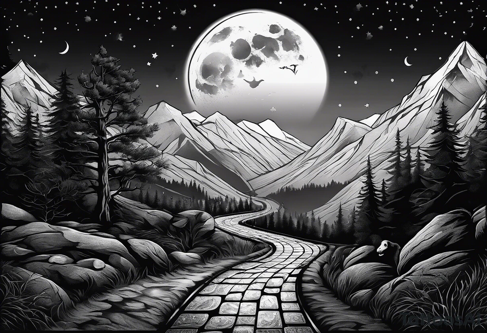 chessboard as a road in the mountains, it’s dark and misty with the moon and ravens in the sky. tattoo idea