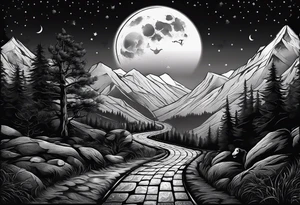 chessboard as a road in the mountains, it’s dark and misty with the moon and ravens in the sky. tattoo idea