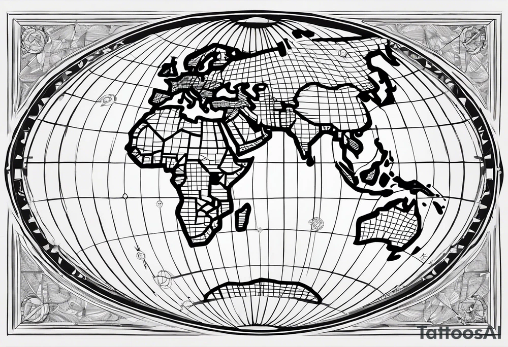 the earth on a flat map with no shading placed on a grid with only the lines with accurate depictions of the borders in countries while having it in an oval/circular position on a grid without any borders on the sides while having the countries not have such bold borders tattoo idea
