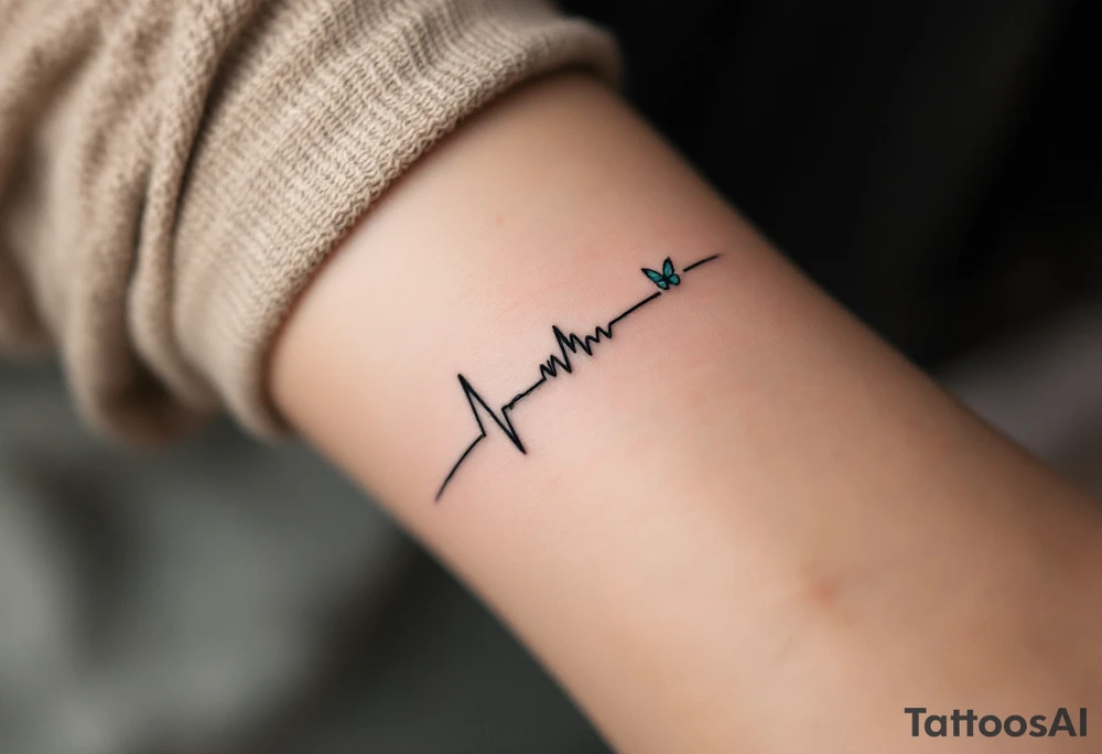 A black EKG waveform tattoo with a small teal butterfly at the end, symbolizing transformation and freedom. tattoo idea
