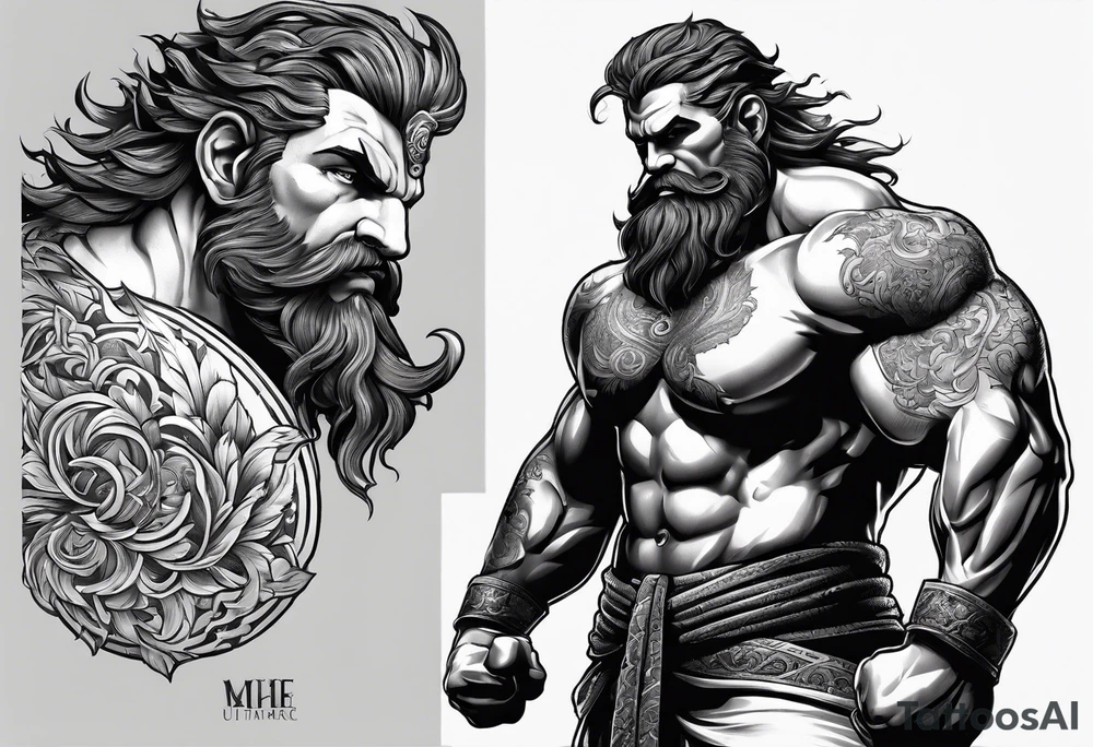 full body strong mythical giant turned to the side about to punch something stipple shading tattoo idea