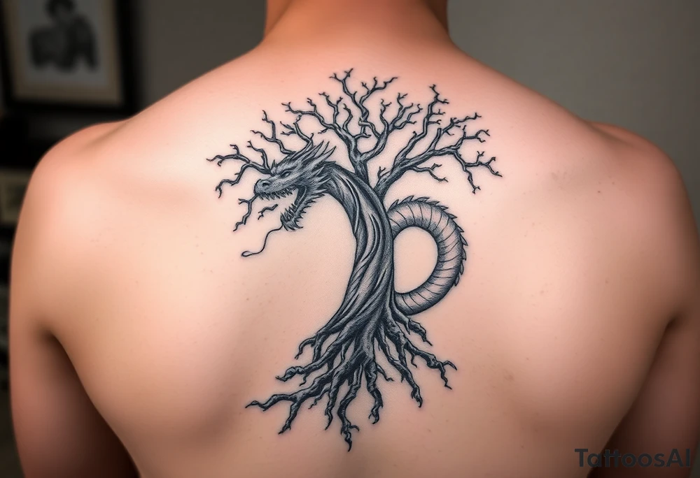 tree of life with roots absorbing a dragons tale while the dragon eats the tree tattoo idea