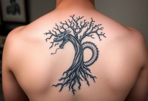 tree of life with roots absorbing a dragons tale while the dragon eats the tree tattoo idea