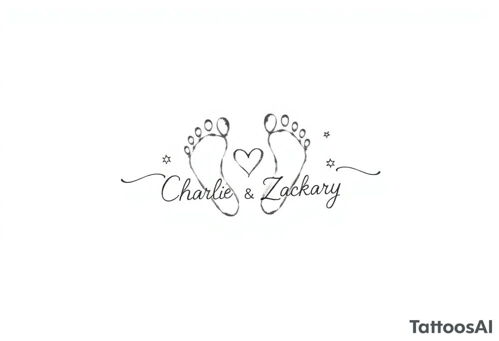 Create a small, elegant tattoo design that celebrates the spirit of childhood. The design should evoke innocence and joy, incorporating delicate elements like tiny handprints or footprints, subtle stars, or a playful heart. Consider integrating minimal floral accents or soft, flowing lines that suggest the nurturing bond of family. Optionally, you can include the names "Charlie" and "Zackary" in gentle, cursive script within the design to personalize it further. tattoo idea