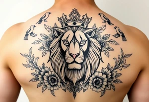 powerful majestic lion with a crown, surrounded by floral ornaments and birds tattoo idea