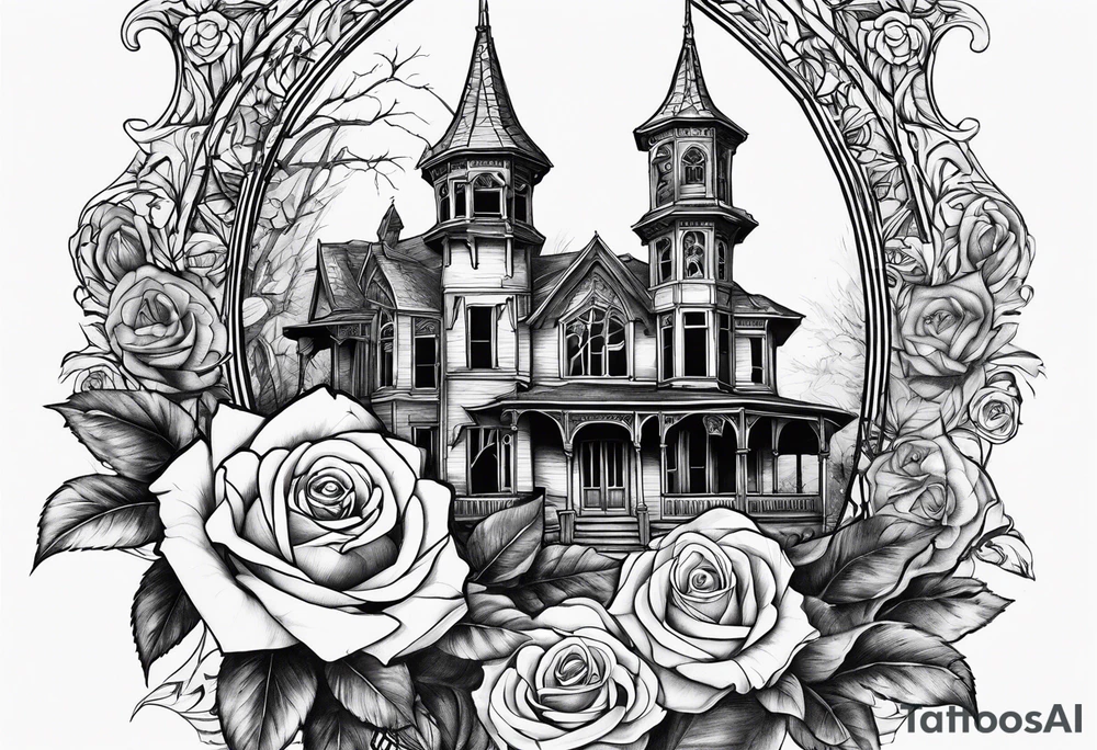 old broken gothic home, broken sword, roses tattoo idea