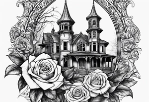 old broken gothic home, broken sword, roses tattoo idea