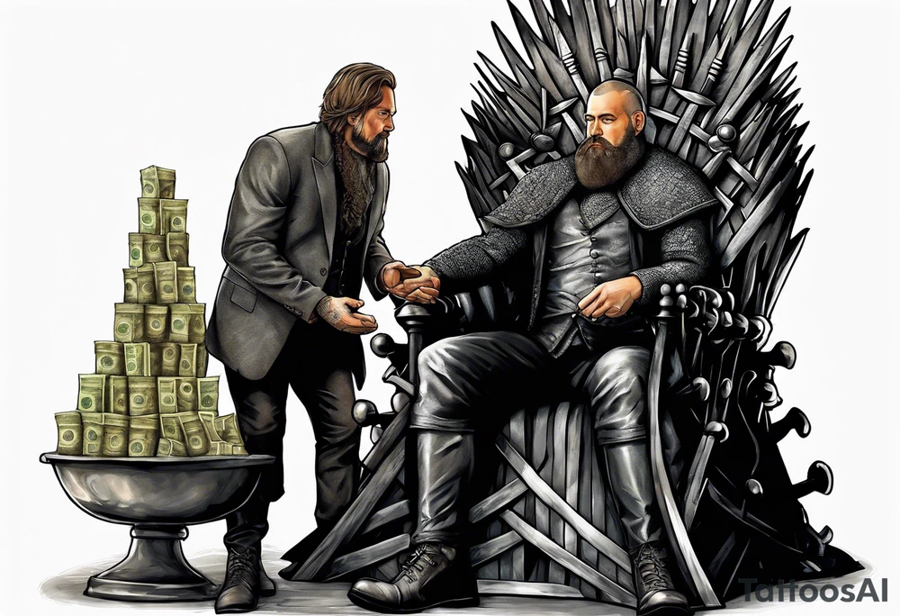 Large man carrying bags of money to a thin German man sitting on an iron throne tattoo idea