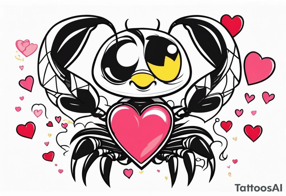 Scorpion drawn in Powerpuff girl style with body segments, head and claws made of hearts tattoo idea