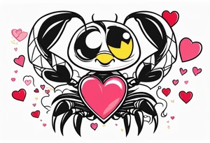 Scorpion drawn in Powerpuff girl style with body segments, head and claws made of hearts tattoo idea