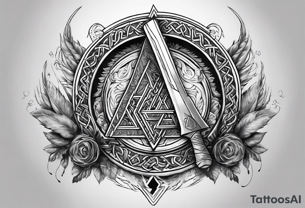 Valhalla sword round  axe Valknut steps fire chains tattoo idea