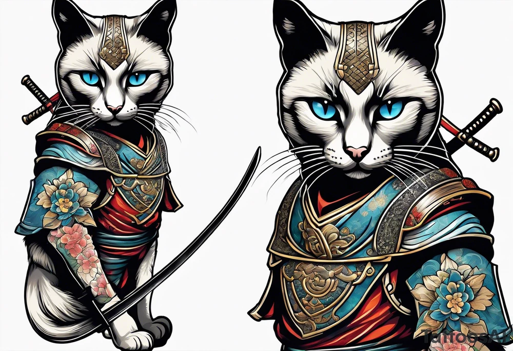 A siamese cat standing up wearing a ronin armor and holding a katana tattoo idea