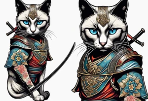A siamese cat standing up wearing a ronin armor and holding a katana tattoo idea