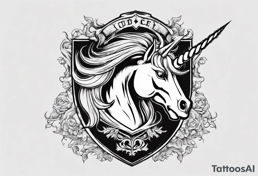 Coat of arms with a thick, tough looking unicorn. tattoo idea