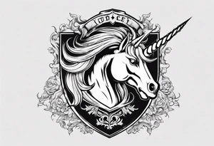 Coat of arms with a thick, tough looking unicorn. tattoo idea