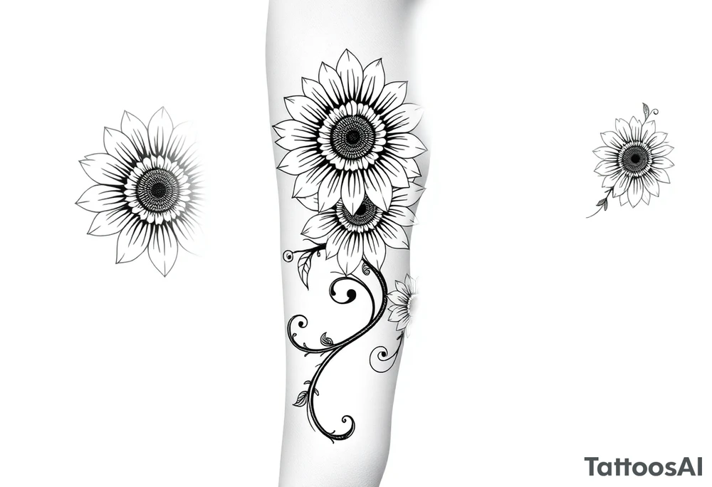 Stylized  sunflowers with mandala petals on a swirly flourishing vine tattoo idea