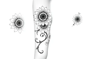 Stylized  sunflowers with mandala petals on a swirly flourishing vine tattoo idea