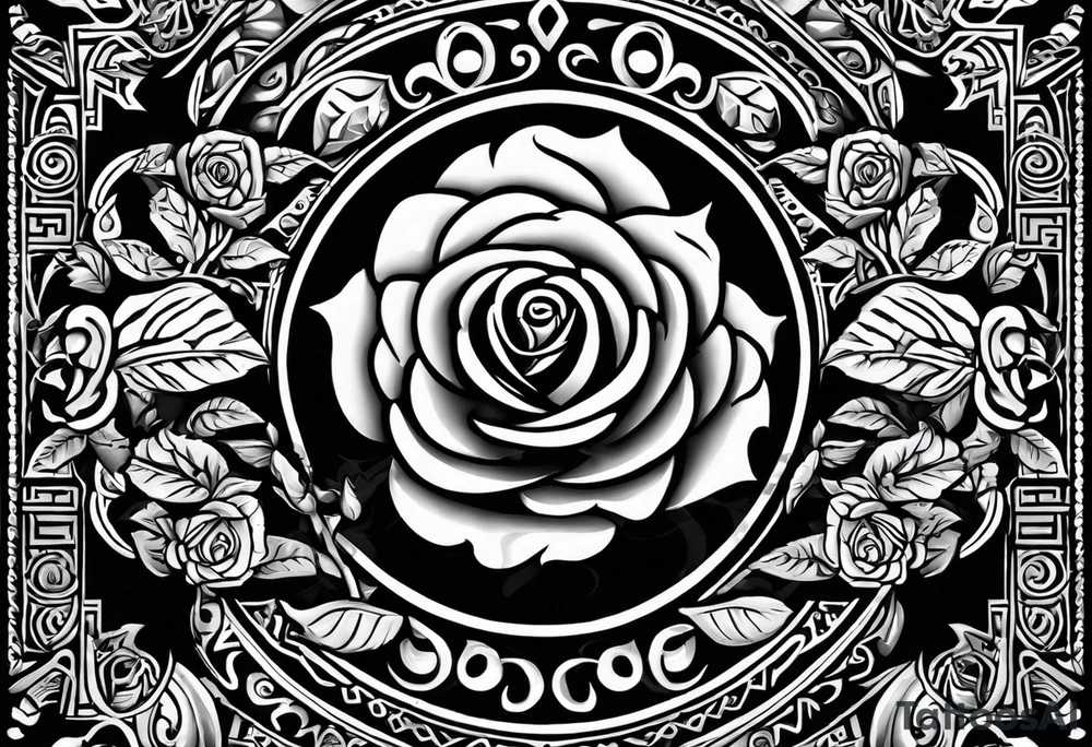 Design a masculine tattoo depicting three delicate rose buds being embraced and protected by 
Aztec weapons. The weapons should include elements such as the macuahuitl (Aztec sword-club)
, arranged in a way that forms a protective circle or embrace around the roses. Carve the entire image as if it were a stone sculpture by an ancient Aztec artist, with the texture resembling intricately detailed stone carvings. The roses should be slightly softer but still stylized in stone, giving the entire tattoo a powerful, yet artistic and ancient feel. Use bold, sharp lines to capture the essence of Aztec craftsmanship

Historically accurate tattoo idea