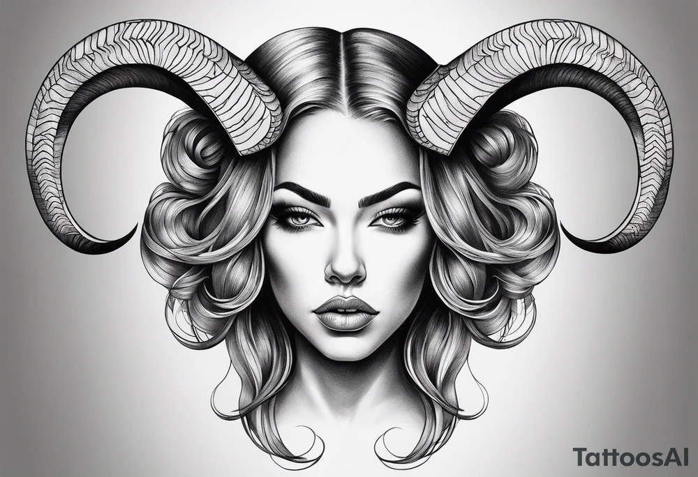 symmetrical woman head with curved horns facing downwards dark realism looking front facing view, ultra-detailed, high quality, high sharpness, hyper-realism, hyper-photorealistic, hyper-realistic tattoo idea