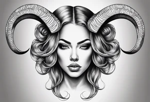 symmetrical woman head with curved horns facing downwards dark realism looking front facing view, ultra-detailed, high quality, high sharpness, hyper-realism, hyper-photorealistic, hyper-realistic tattoo idea