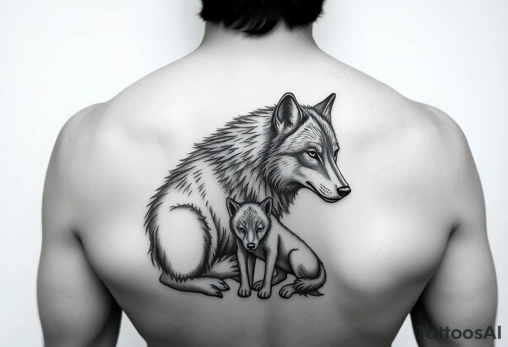 A solitary yet sublime and noble wolf and its progeny. tattoo idea