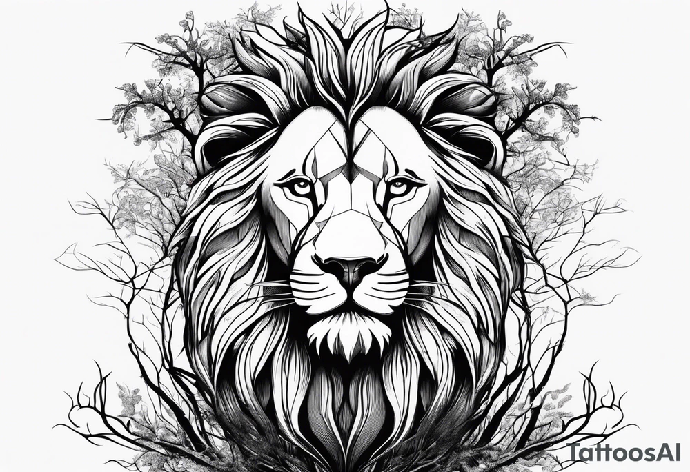 Tree with roots turns into lion head tattoo idea