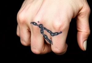 gothic chains intertwined on index finger and thumb connecting together as if you’re grabbing something tattoo idea