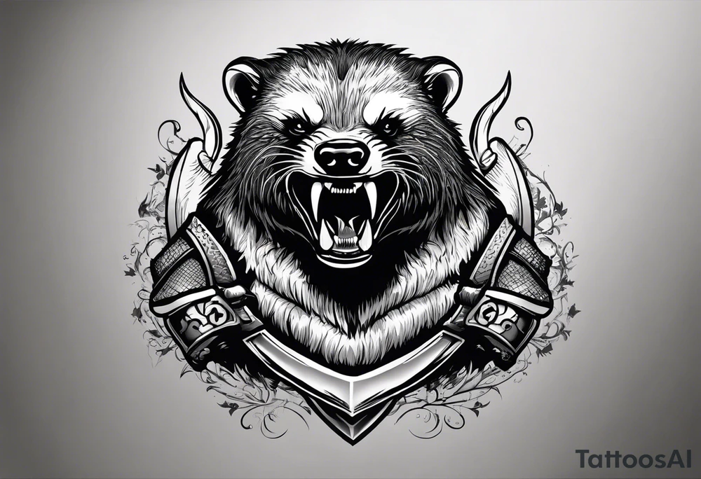 Draw me psychopath Fearless Honey Badger/Berserker with aggressive full body, killer face with a scary smile, very long nails and he attacks like a Bloody Assassin/Warrior/Gladiator to us and also, he has very deadly looking. He fights with his nails only. Everybody scares after their first sight. Give me horror type Badger Tattoo. I want to see his Realistic full body with no weapons. You can show destruction at the back. tattoo idea