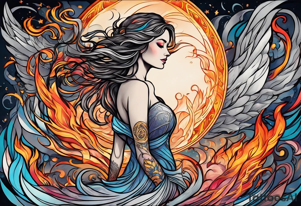 Resurrection strength and courage Beautiful Woman walking through fire and chaos to inner peace and self-love  ethereal tattoo idea