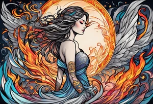 Resurrection strength and courage Beautiful Woman walking through fire and chaos to inner peace and self-love  ethereal tattoo idea