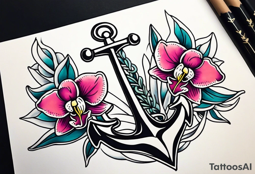 An anchor and orchids tattoo idea