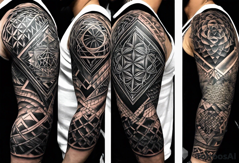full sleeve tattoos for men with sacred geometry mixed tropical theme going from left chest to left hand. tattoo idea
